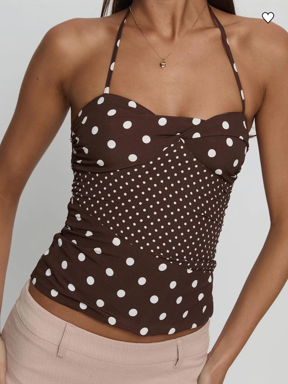 Polka Dot Halter Tank Top - Brown & White
